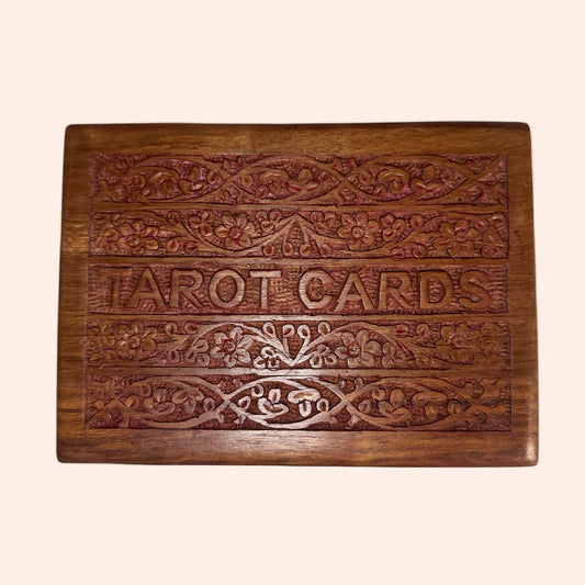 Wooden box with 'Tarot Cards' engraving on a white background