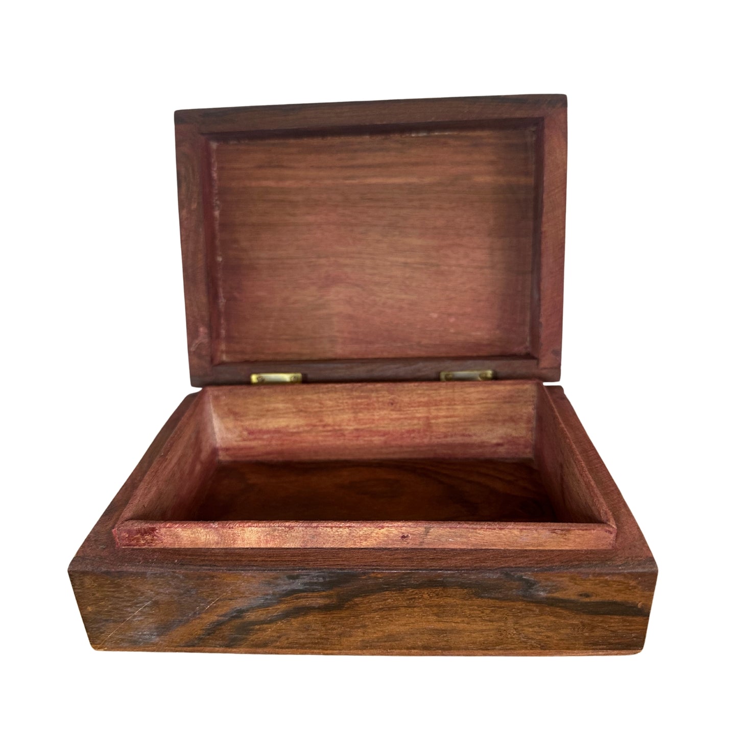 Wooden box with a hinged lid on a white background