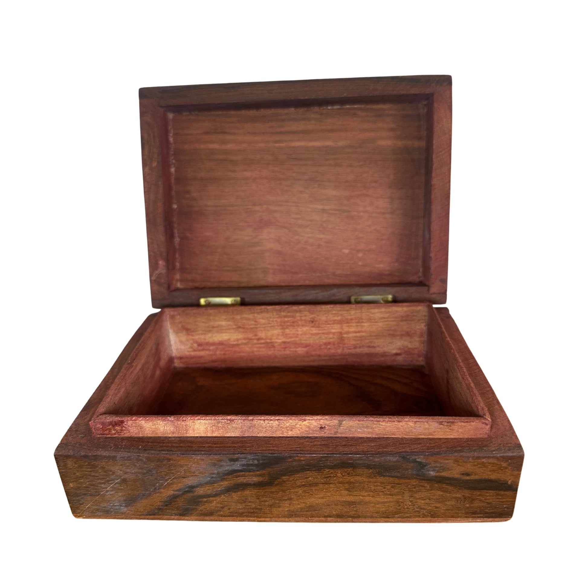 Wooden box with a hinged lid on a white background
