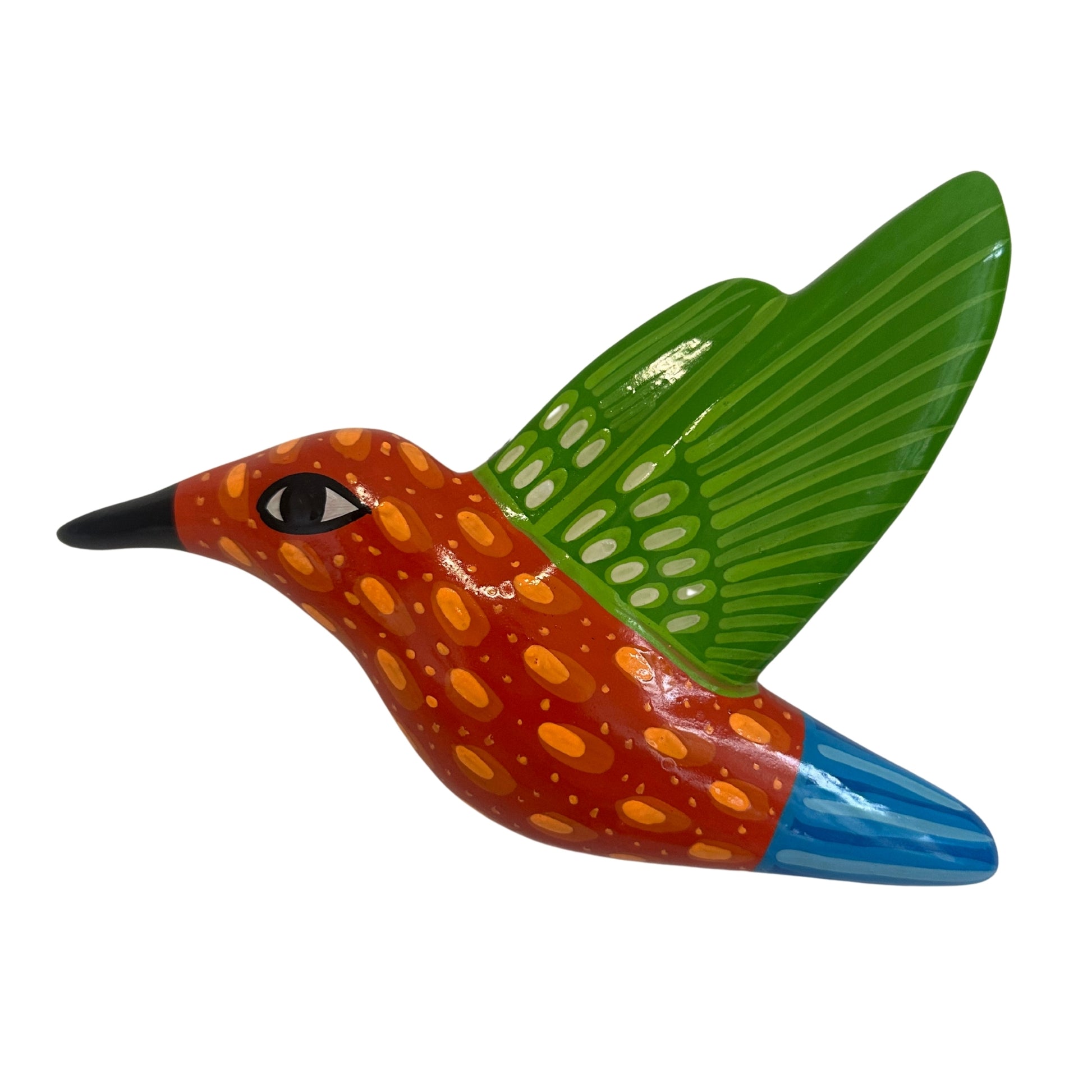 Colorful ceramic bird figurine with green wing and blue tail