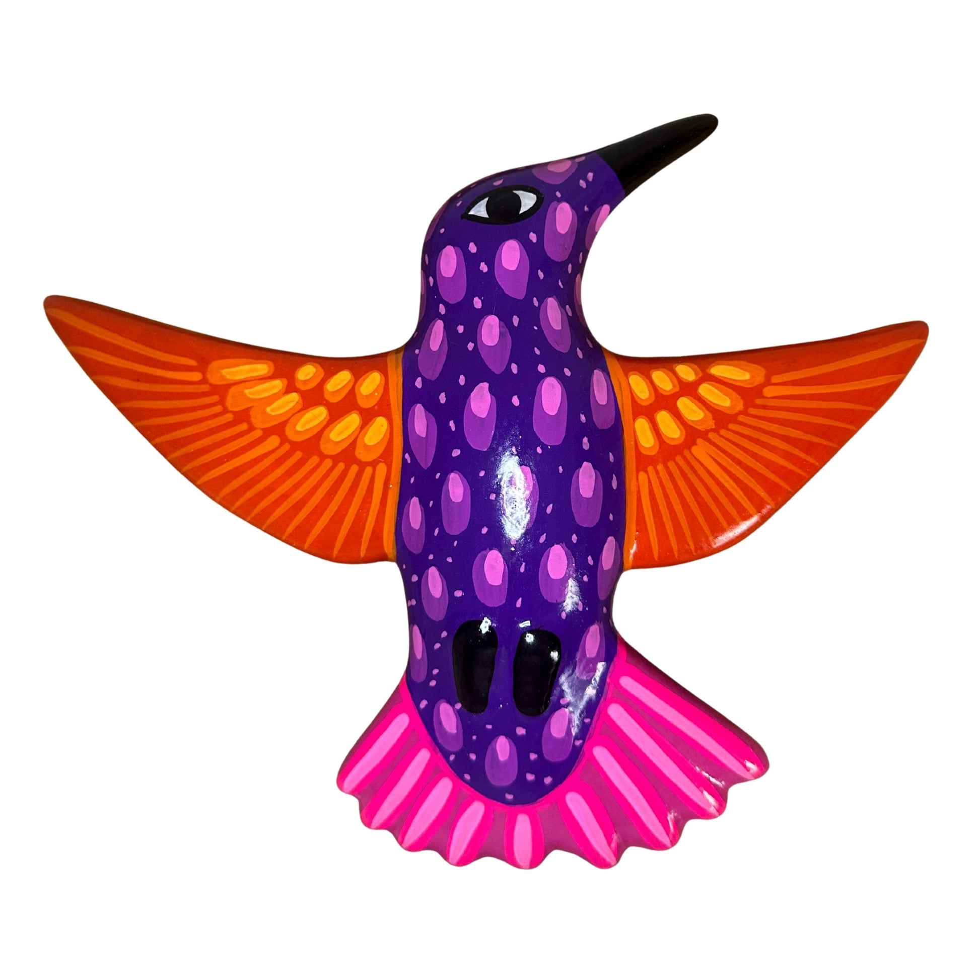 Colourful ceramic swallow figurine with orange wings and a purple body