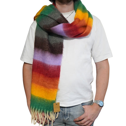 Person wearing a colourful striped scarf 