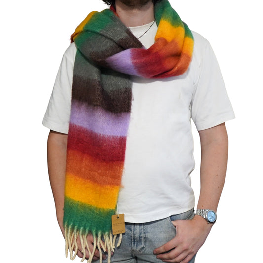 Person wearing a colourful striped scarf 