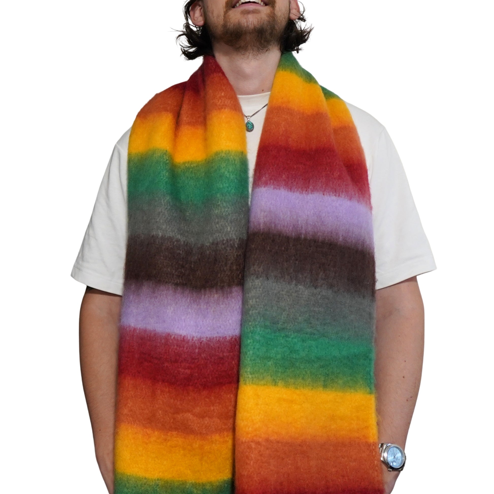 Person wearing a colourful striped scarf 