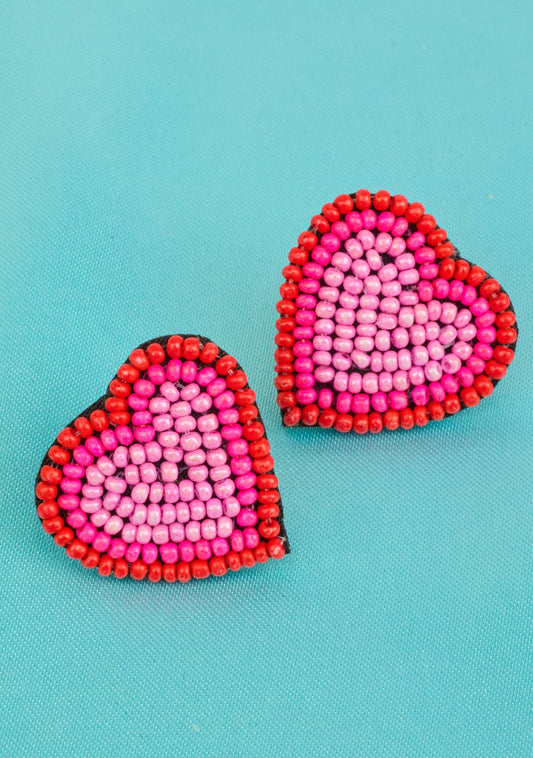 Pink Heart Hand Beaded Earrings